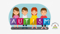 4 children standing holding colorful card with autism written on them, Autism Therapy for Children.