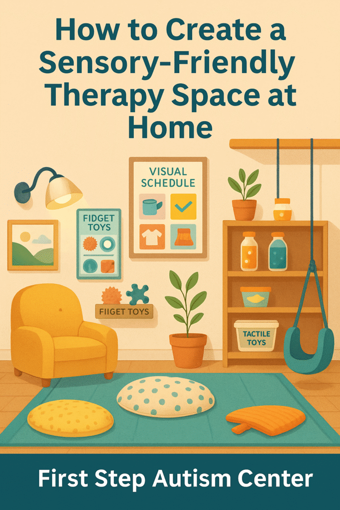 How to create a Sensory-Friendly Therapy Space at Home - First Step Autism Center - Visual Schedules Fidget toys written on wall