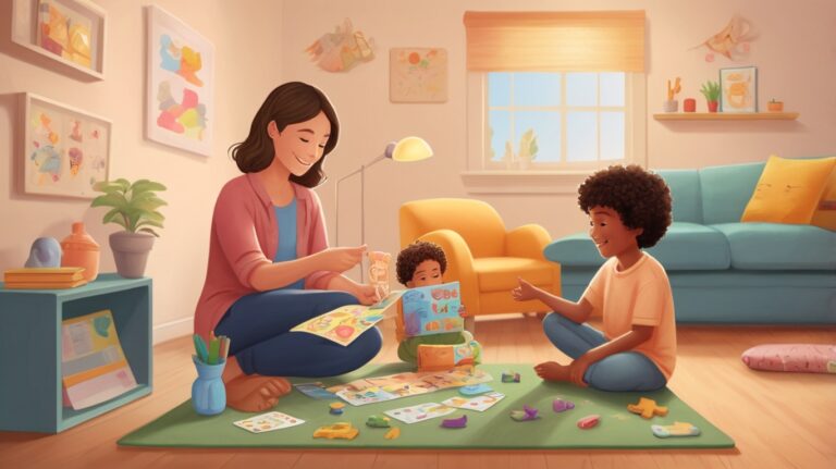 A warm, hyper-realistic illustration of a parent engaging in at-home autism therapy with two children in a cozy, sunlit living room. Visual aids, flashcards, and sensory toys are scattered on a mat, symbolizing structured learning and emotional connection in a home setting.