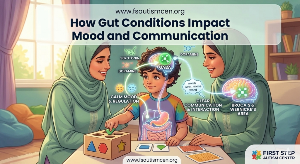 Diagram illustrating how gut health supports both mood regulation and clearer communication in a child with autism.