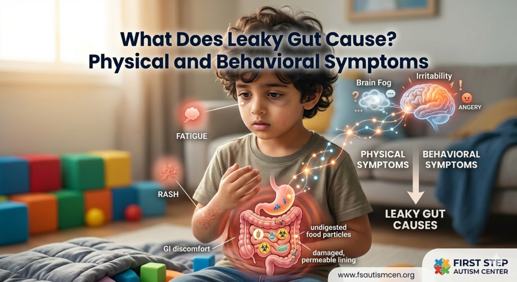 A split-panel illustration comparing a healthy gut to a leaky gut and their effects on the brain. On the left, a 'HEALTHY GUT' with a tight, protected intestinal lining shows neurotransmitters like serotonin flowing efficiently to a calm brain labeled 'FOCUSED & CALM.' On the right, a 'LEAKY GUT' with a damaged, permeable lining shows toxins, undigested food particles, and bacteria passing into the bloodstream and triggering an immune response that results in an inflamed brain labeled 'BRAIN FOG & MELTDOWNS.' The infographic includes the title 'WHAT DOES LEAKY GUT CAUSE?' and the 'FIRST STEP AUTISM CENTER' logo.
