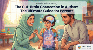 Stylized illustration of the gut-brain connection showing active signals traveling between a child's digestive system and brain.